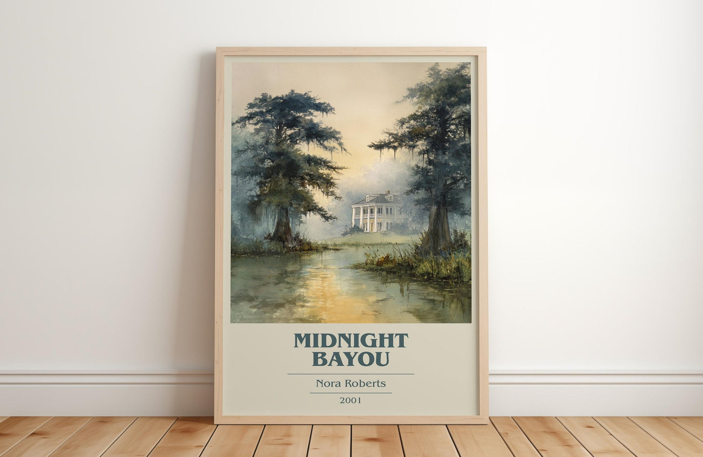 Midnight Bayou book cover print in frame leaning in hallway – romance wall art