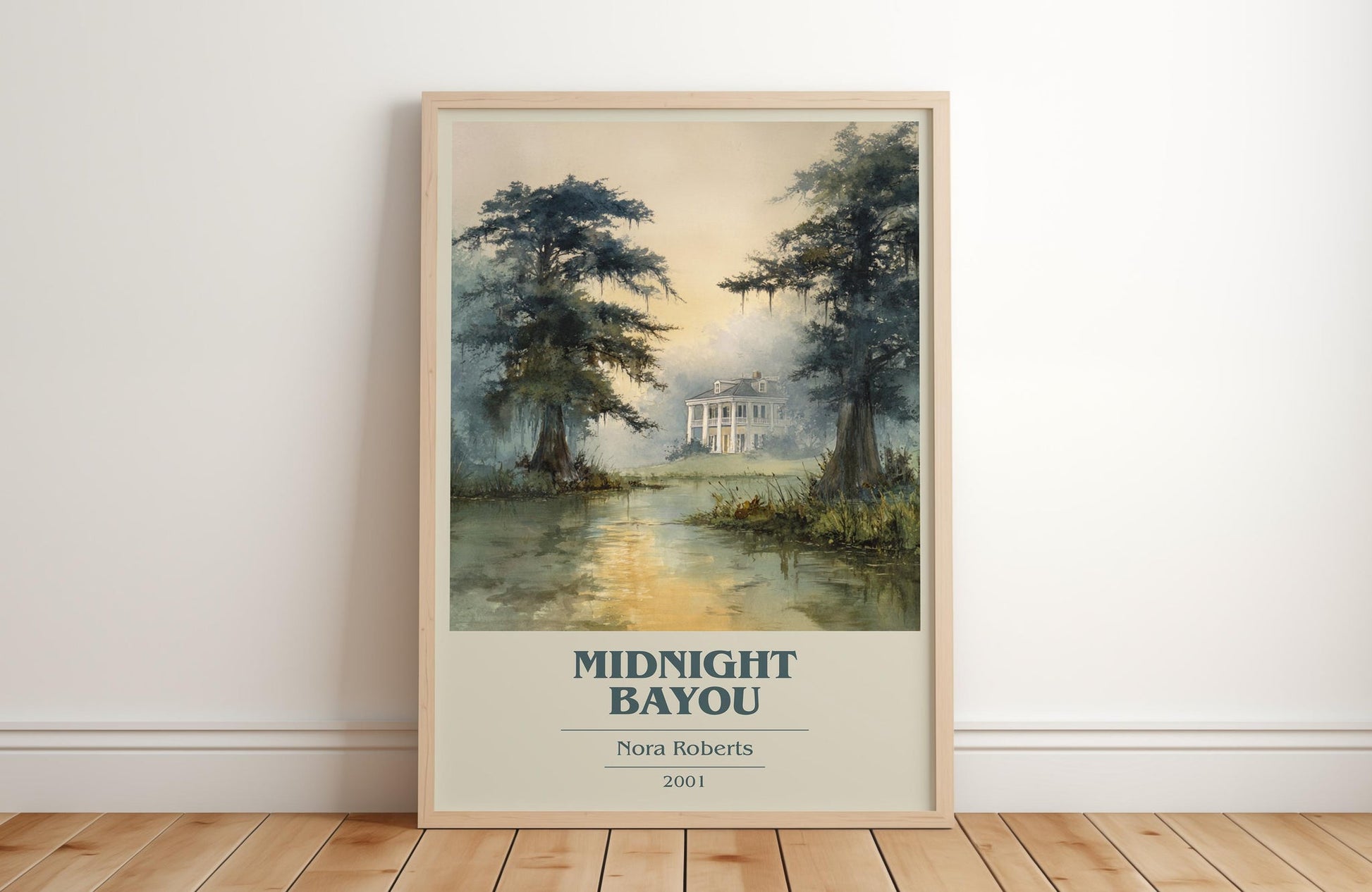 Midnight Bayou book cover print in frame leaning in hallway – romance wall art