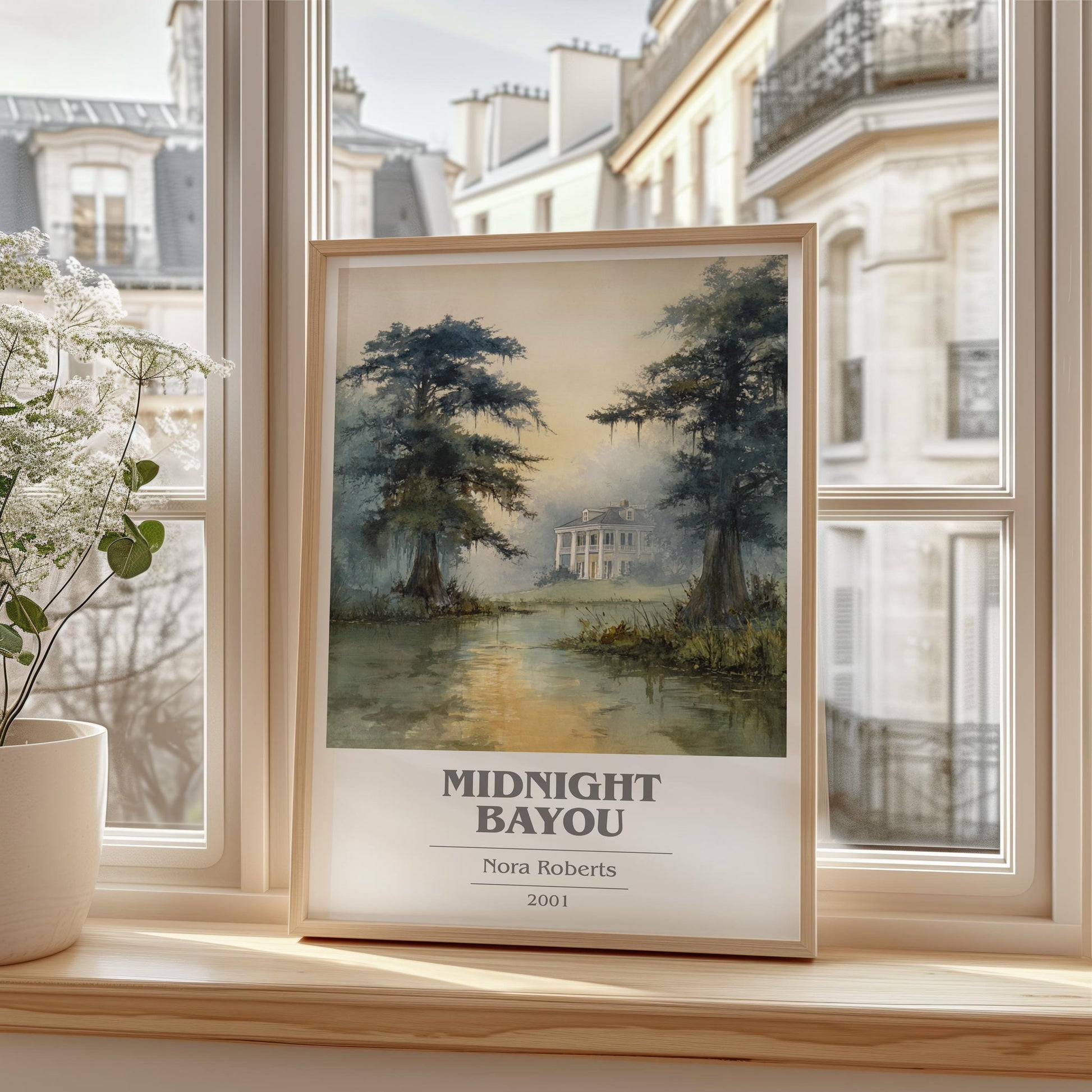 Midnight Bayou book cover print framed by window – literary home decor