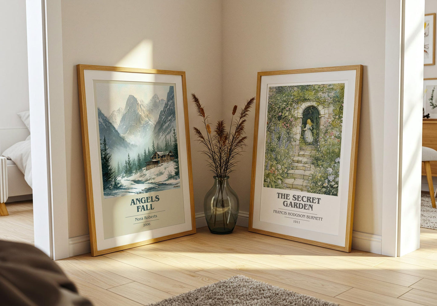 Angels Fall book cover poster paired in gallery wall – literary art prints