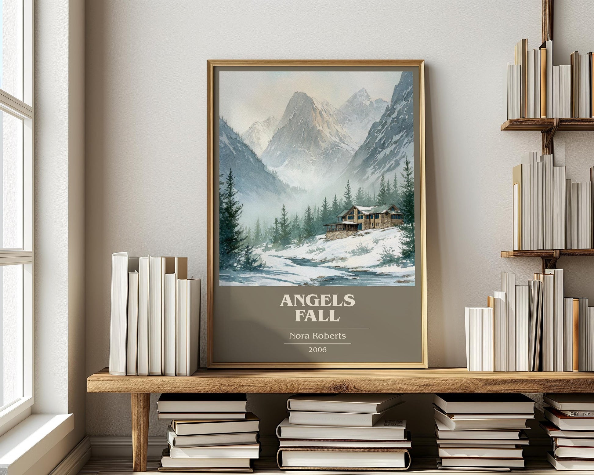 Angels Fall book cover print on bookshelf – Nora Roberts fan gift