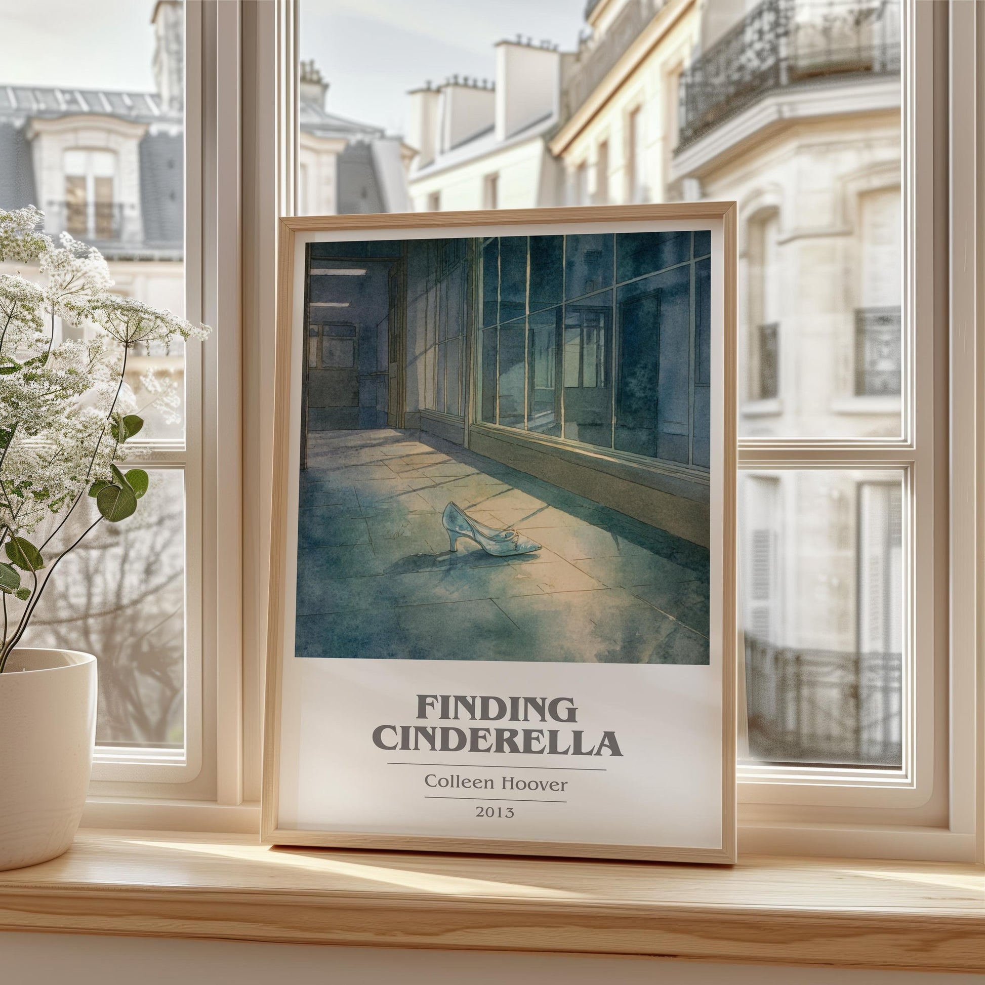 Finding Cinderella book cover print framed by window – literary home decor