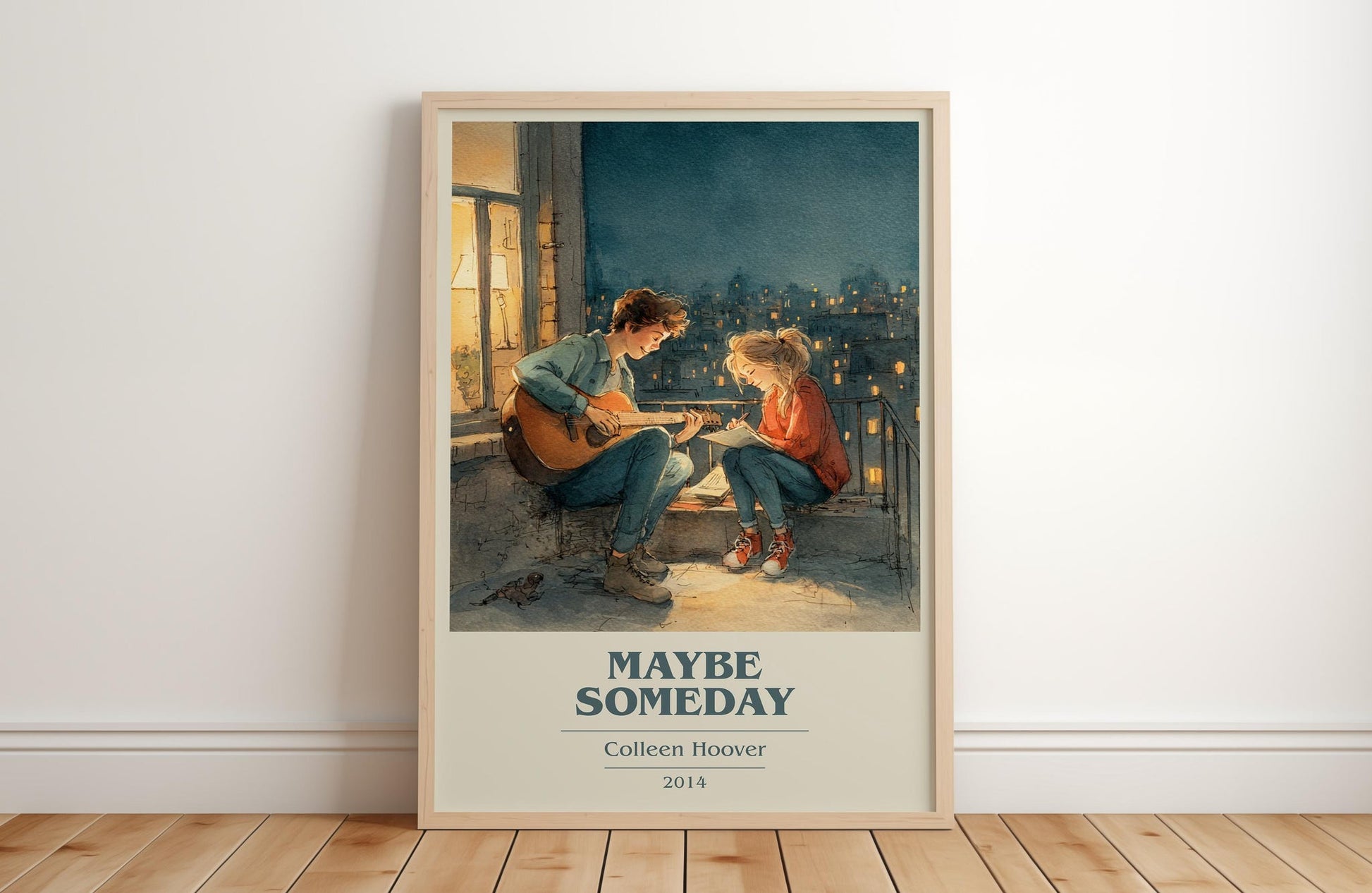 Maybe Someday book cover print in frame leaning in hallway – romance wall art