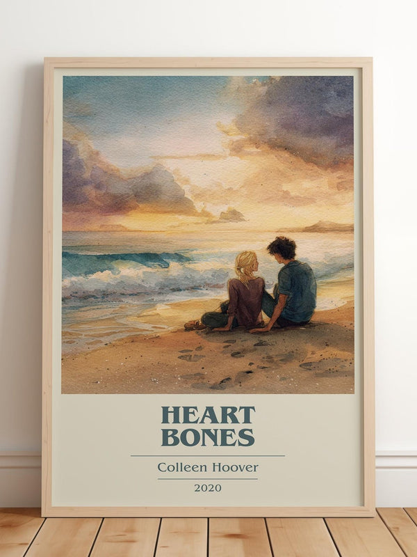 Heart Bones book cover print in frame leaning in hallway – romance wall art