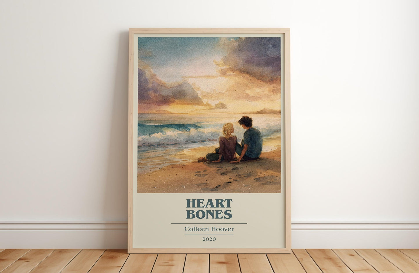 Heart Bones book cover print in frame leaning in hallway – romance wall art