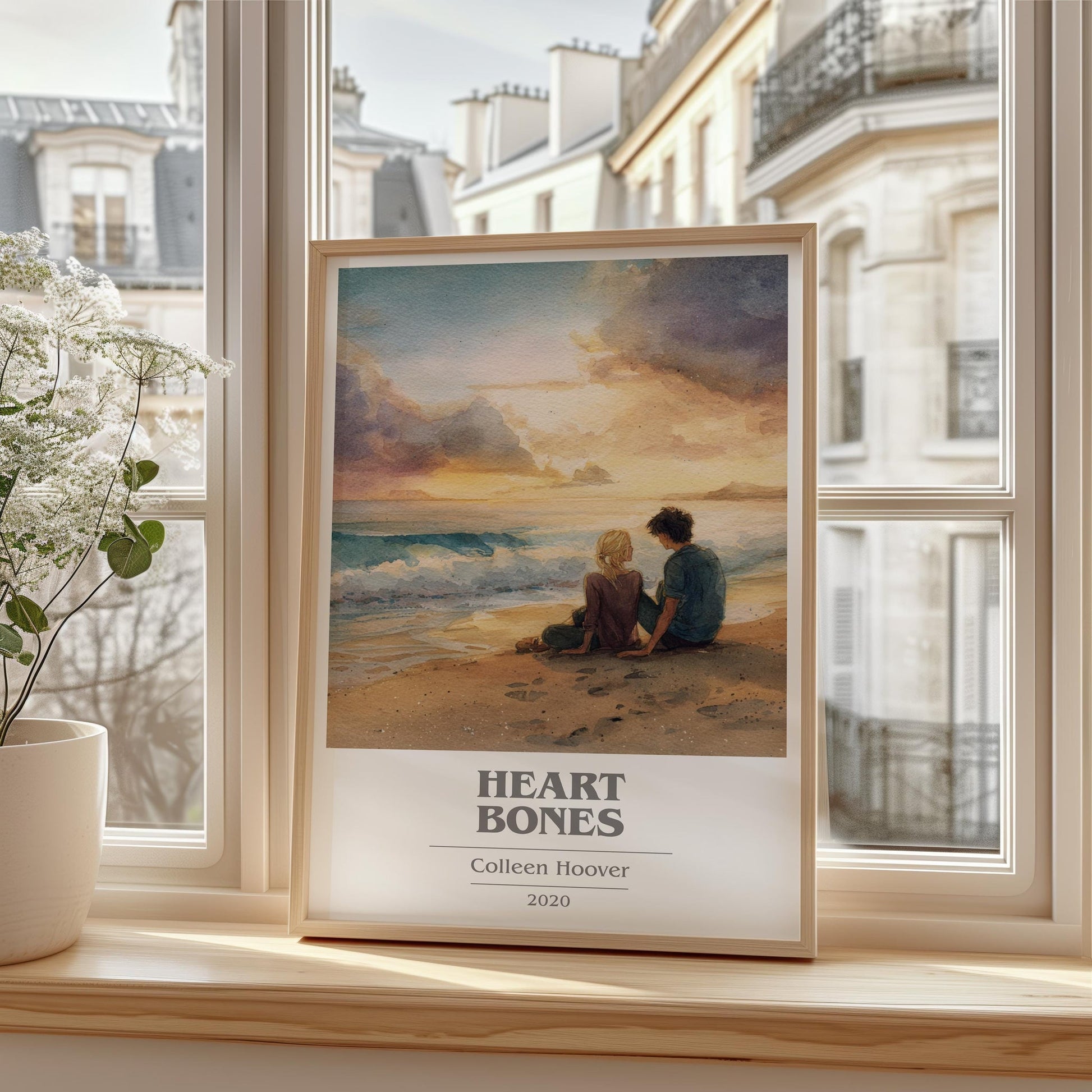 Heart Bones book cover print framed by window – literary home decor