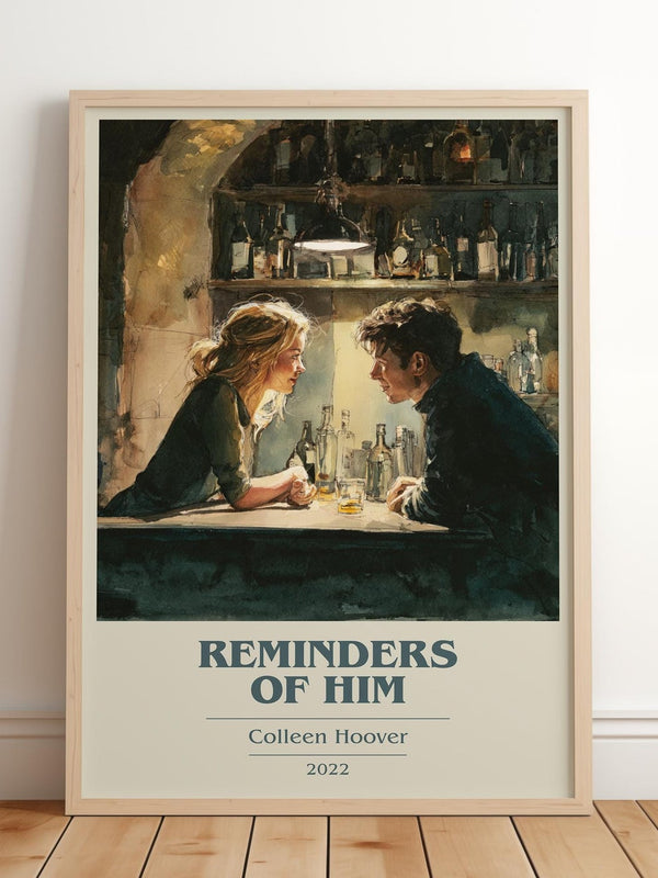 Reminders of Him book cover print in frame leaning in hallway – romance wall art