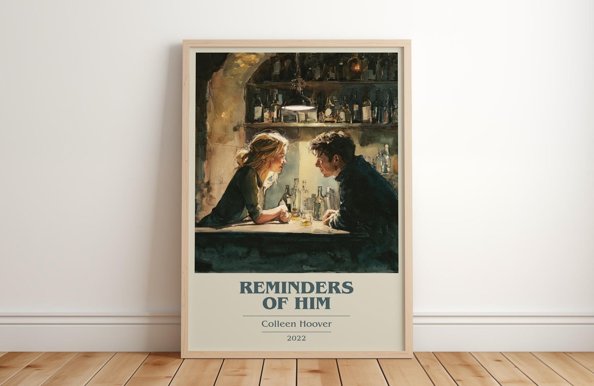 Reminders of Him book cover print in frame leaning in hallway – romance wall art