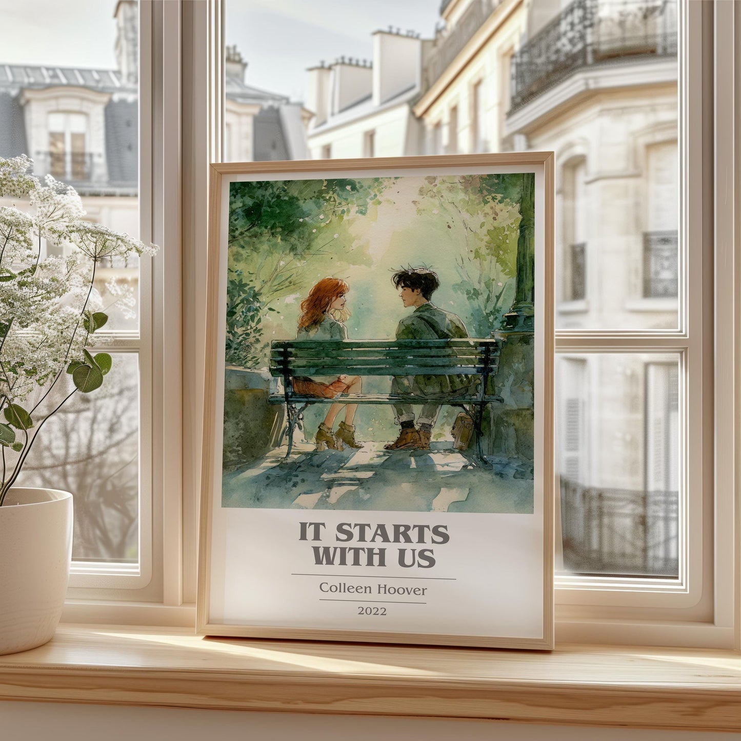 It Starts With Us book cover print framed by window – literary home decor