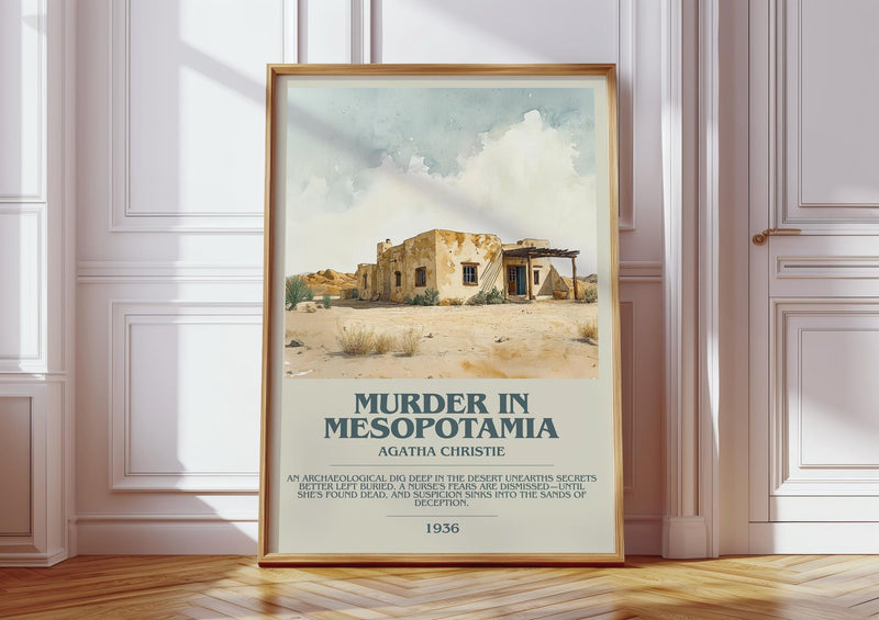 Murder in Mesopotamia bookish print in frame leaning in hallway – mystery wall art