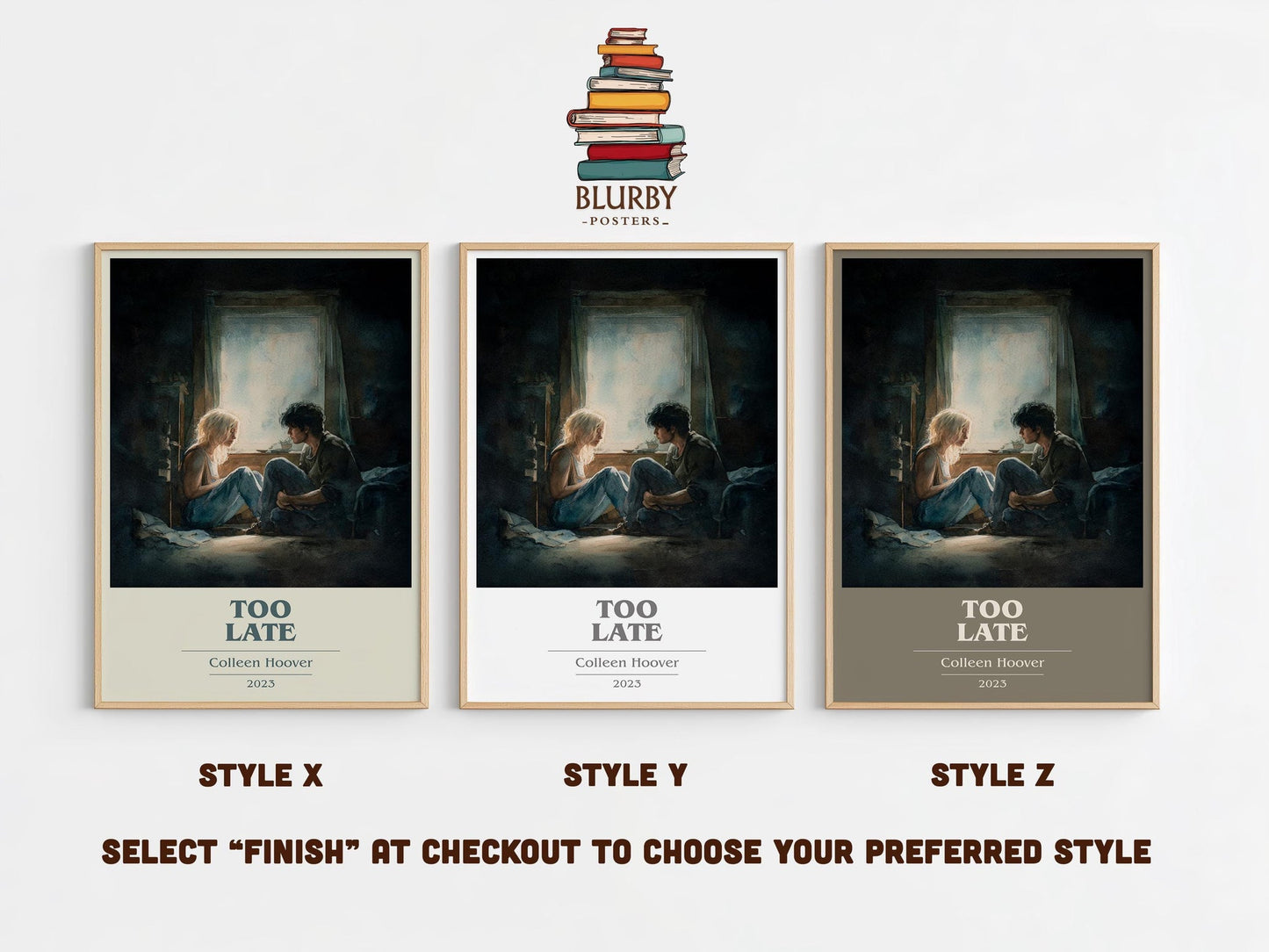 Too late book cover poster colour and style options – Colleen Hoover book art