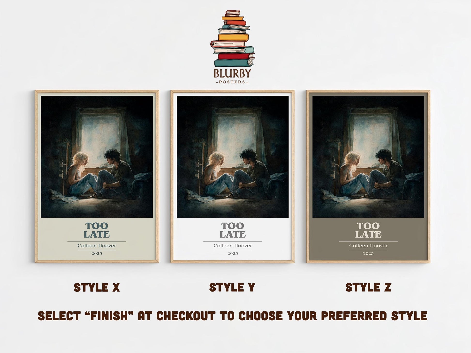 Too late book cover poster colour and style options – Colleen Hoover book art
