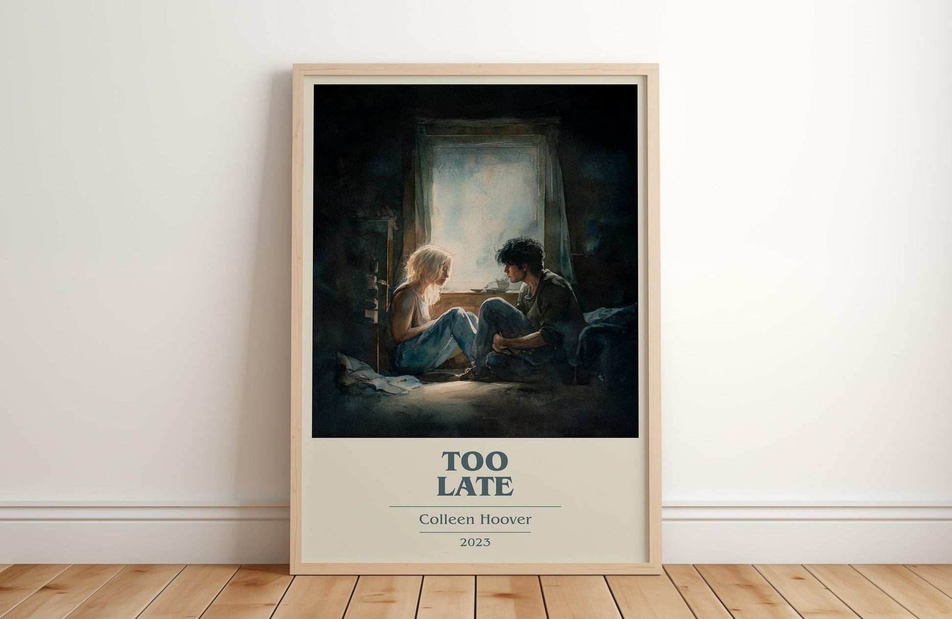 Too late book cover print in frame leaning in hallway – romance wall art