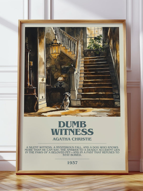 Dumb Witness bookish print in frame leaning in hallway – mystery wall art