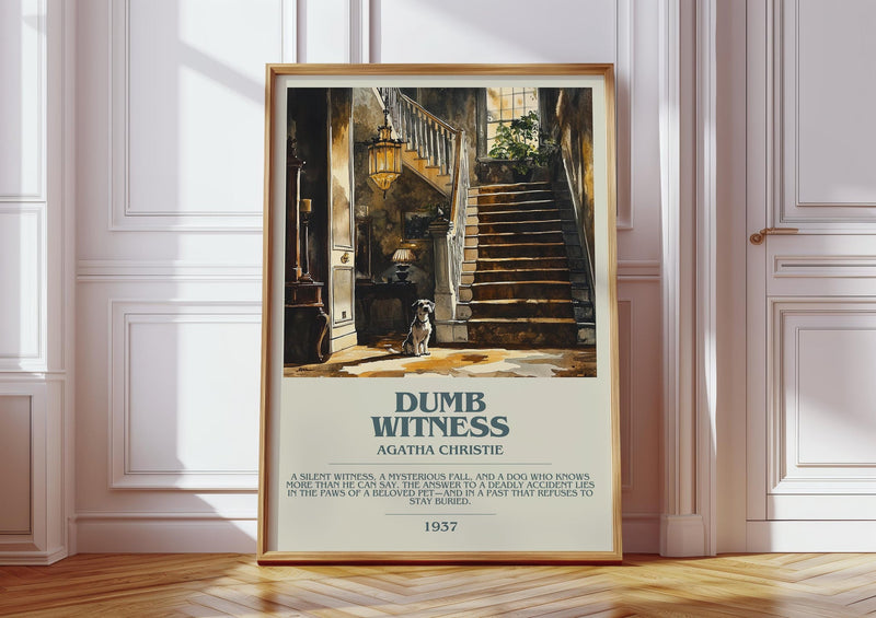 Dumb Witness bookish print in frame leaning in hallway – mystery wall art