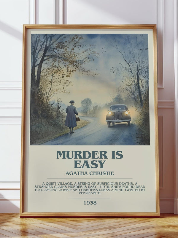 Murder Is Easy bookish print in frame leaning in hallway – mystery wall art