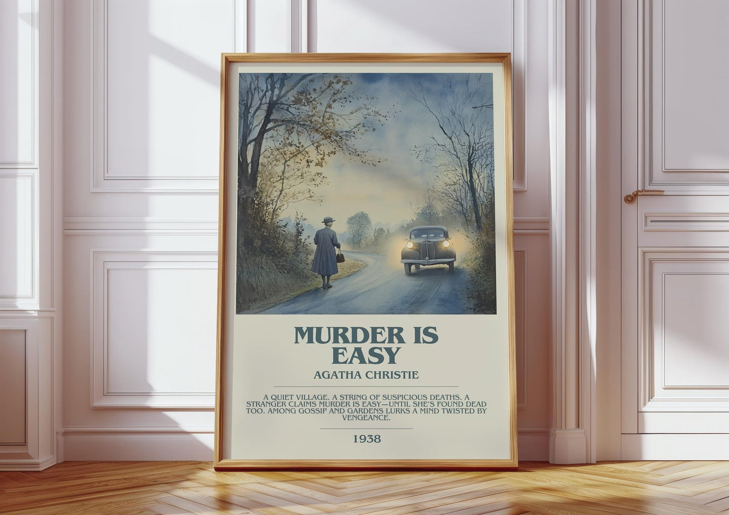 Murder Is Easy bookish print in frame leaning in hallway – mystery wall art