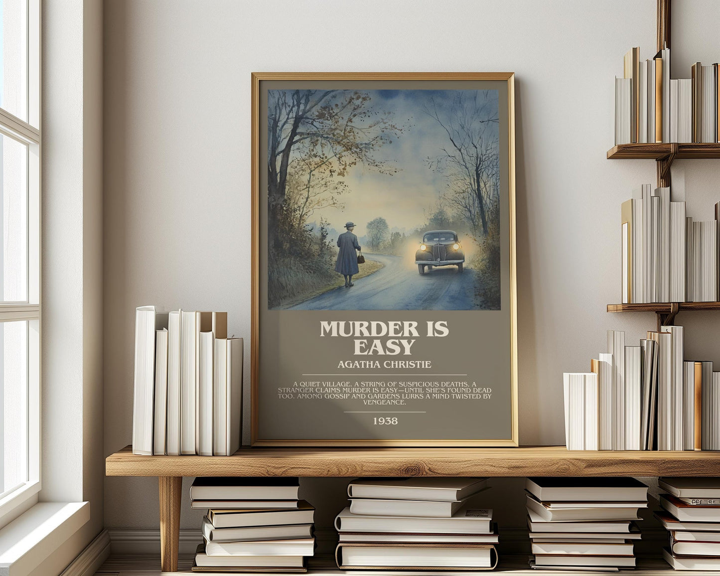 Murder Is Easy bookish print on bookshelf – Agatha Christie fan gift