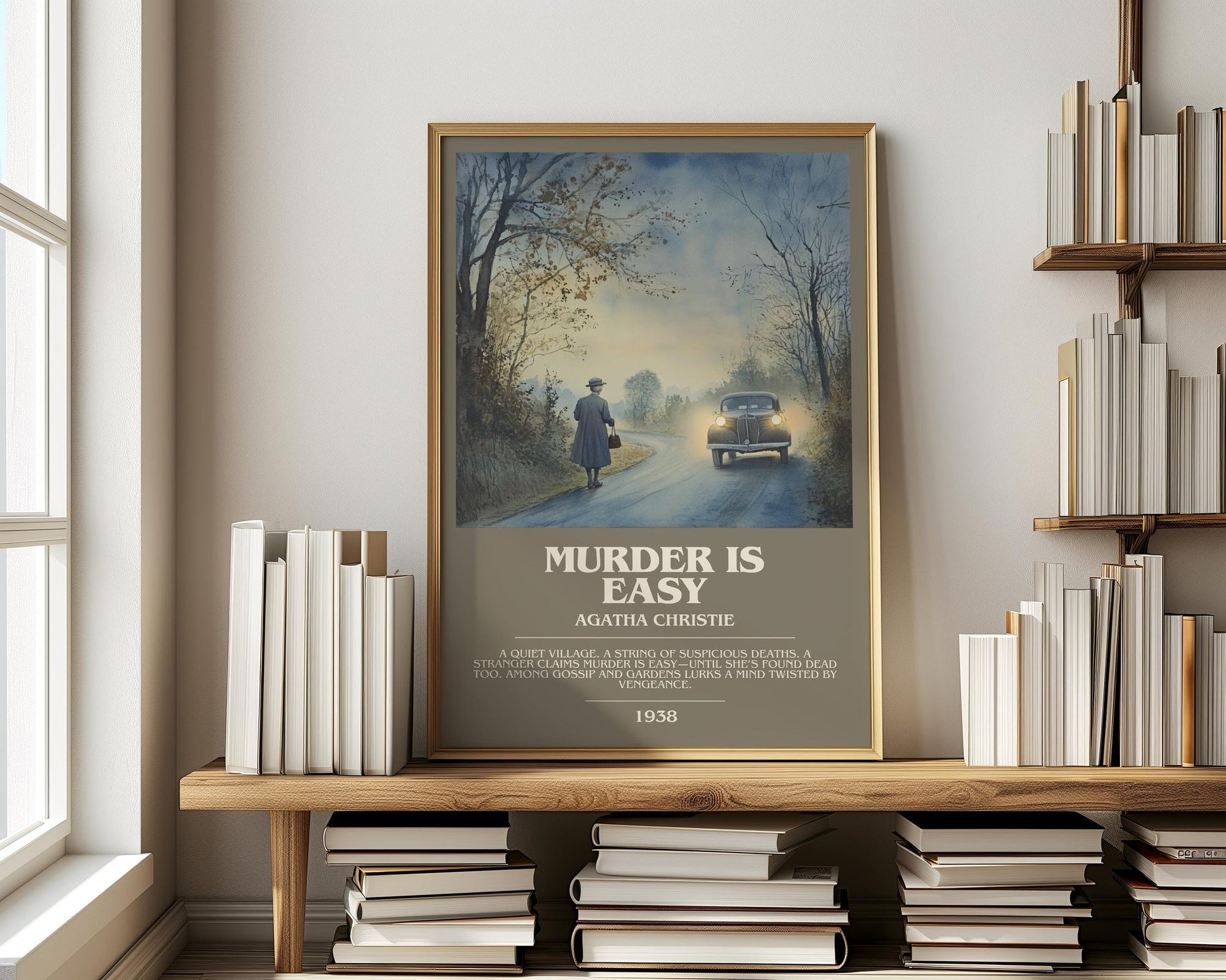 Murder Is Easy bookish print on bookshelf – Agatha Christie fan gift