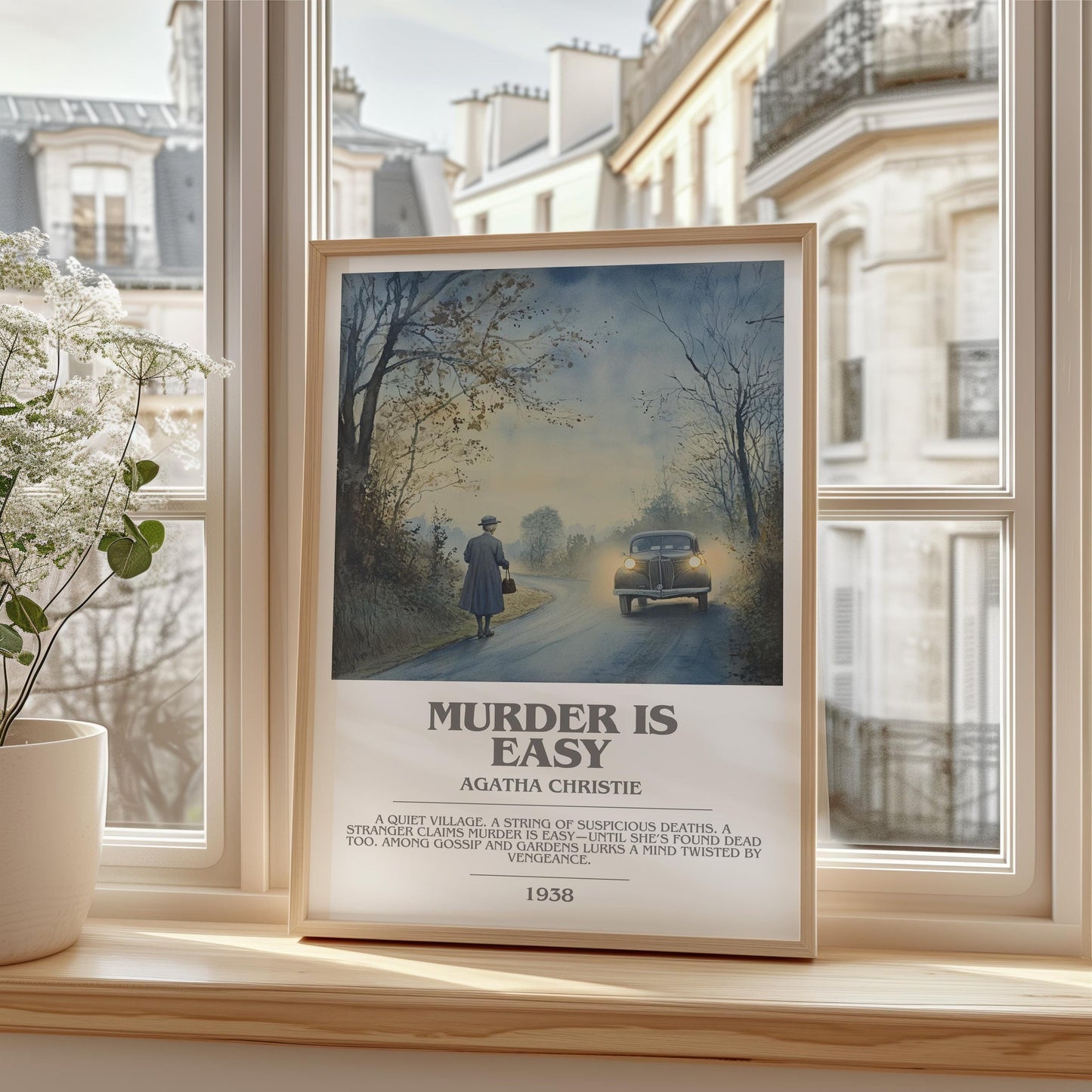 Murder Is Easy bookish print framed by window – literary home decor
