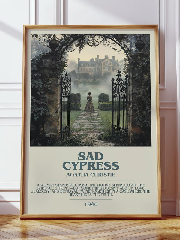 Sad Cypress bookish print in frame leaning in hallway – mystery wall art
