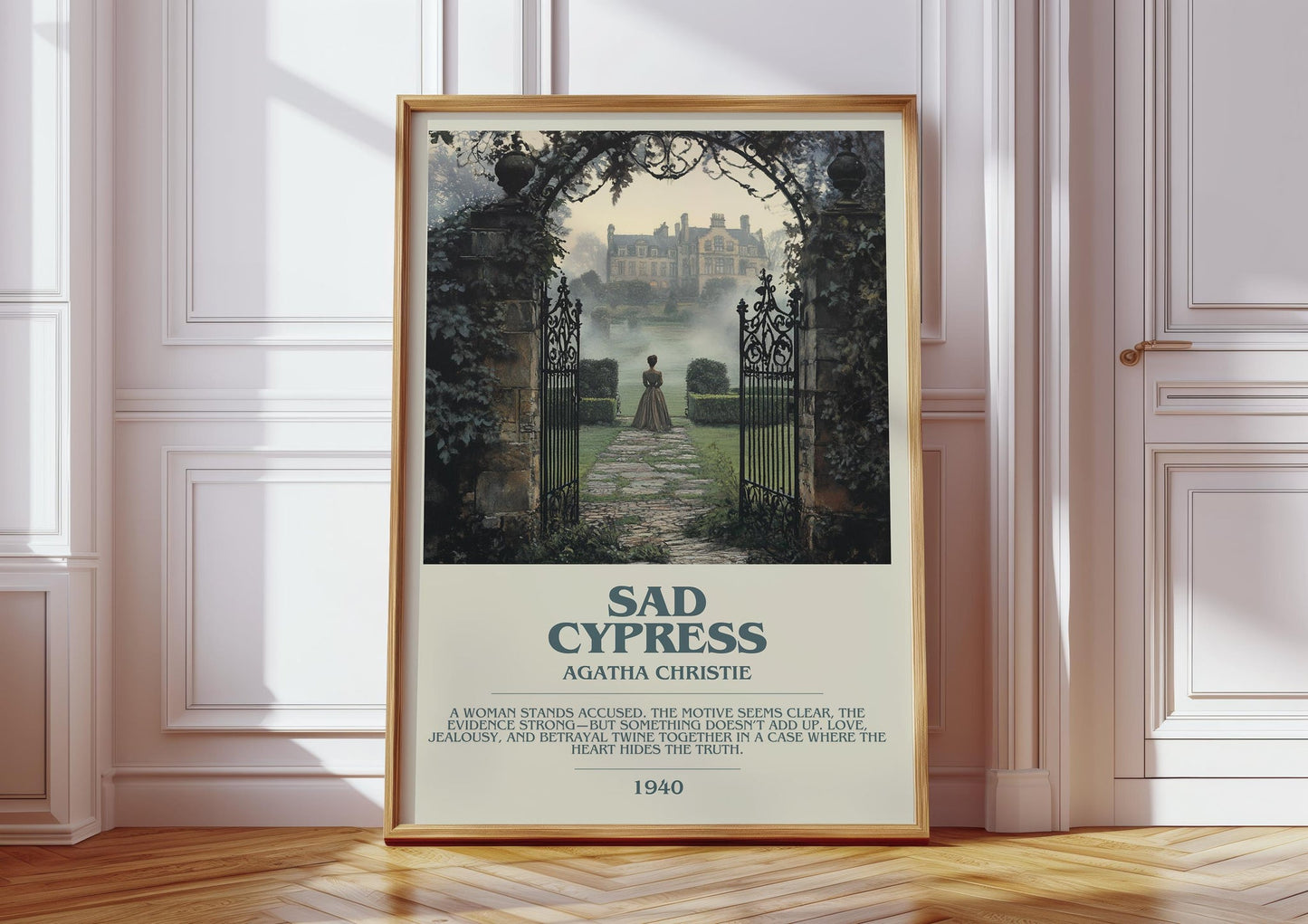 Sad Cypress bookish print in frame leaning in hallway – mystery wall art