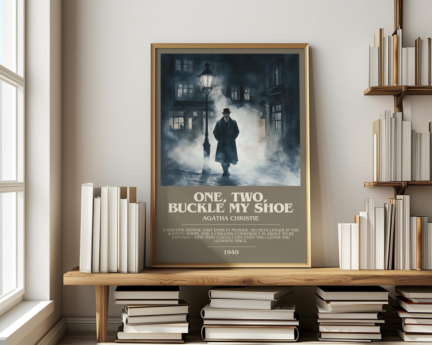 One, Two, Buckle My Shoe bookish print on bookshelf – Agatha Christie fan gift