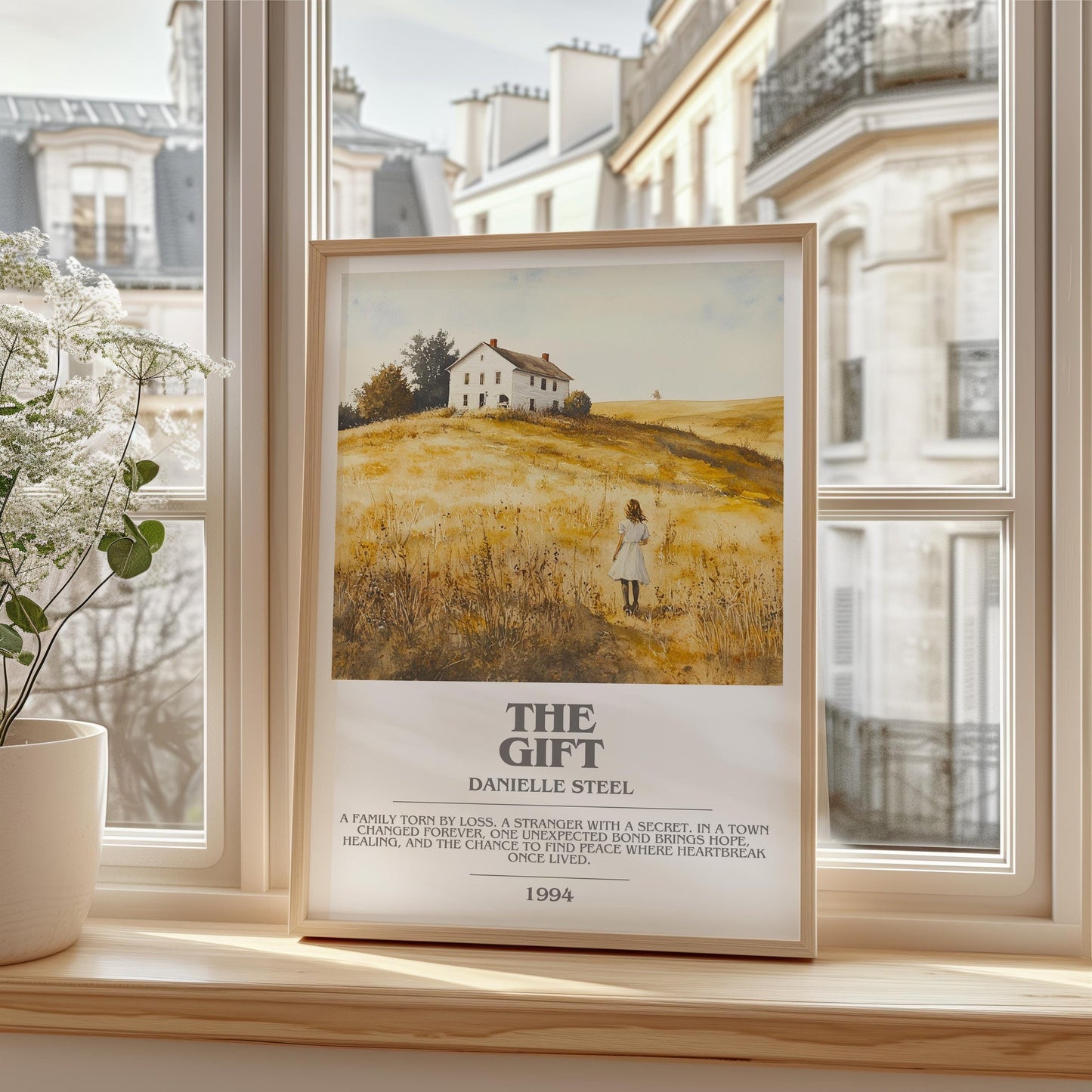 The Gift bookish print framed by window – literary home decor