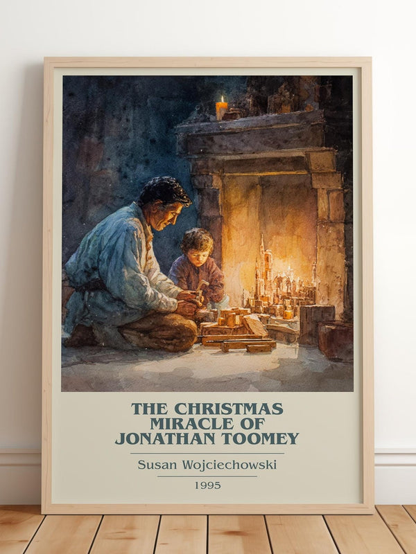 The Christmas Miracle of Jonathan Toomey book cover print in frame leaning in hallway – childrens wall art