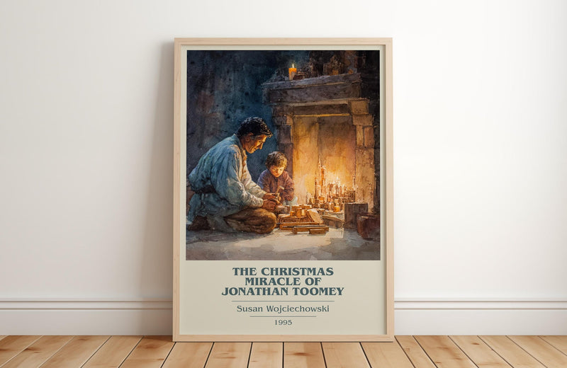 The Christmas Miracle of Jonathan Toomey book cover print in frame leaning in hallway – childrens wall art