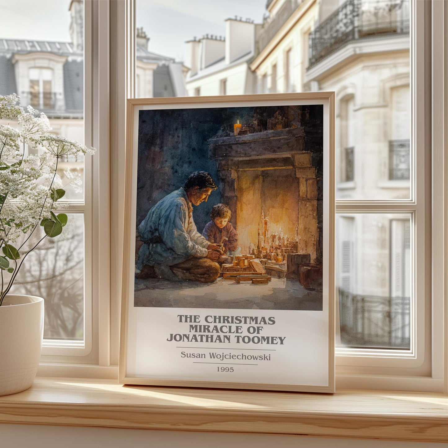 The Christmas Miracle of Jonathan Toomey book cover print framed by window – literary home decor