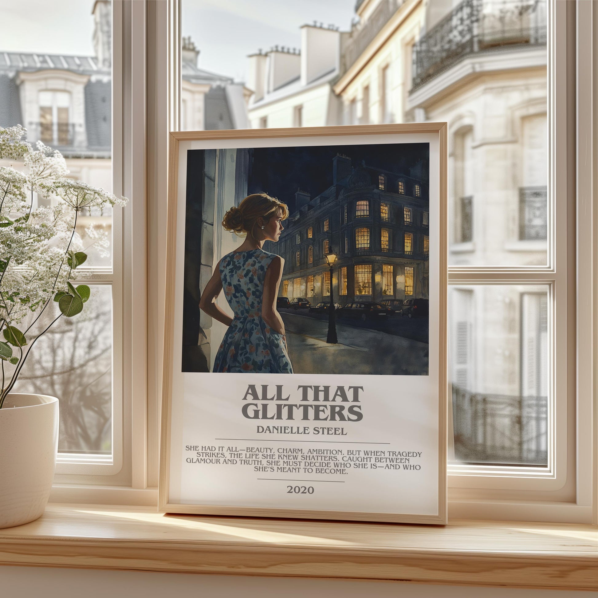 All that Glitters bookish print framed by window – literary home decor