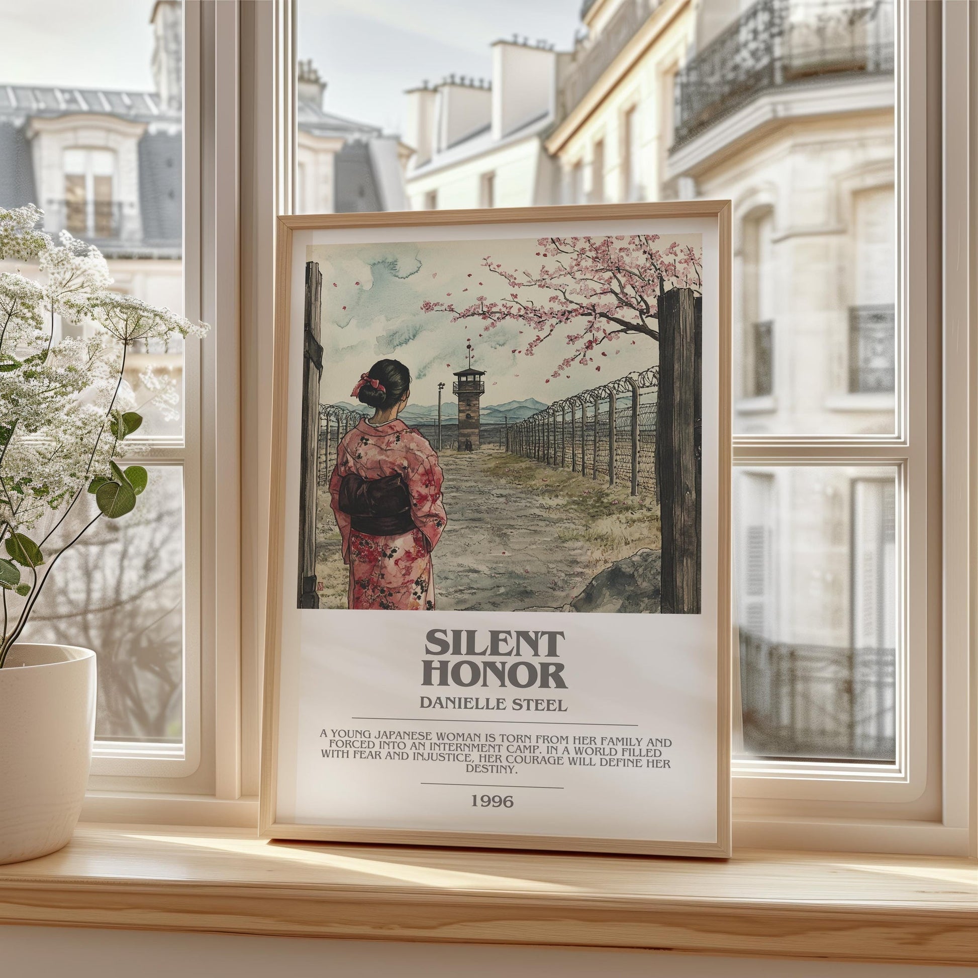 Silent Honour bookish print framed by window – literary home decor