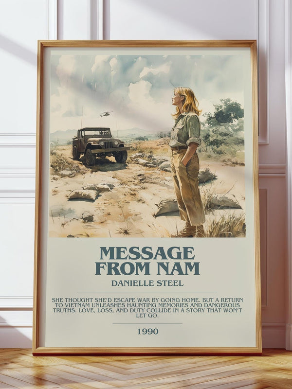 Message from Nam bookish print in frame leaning in hallway – historical fiction wall art