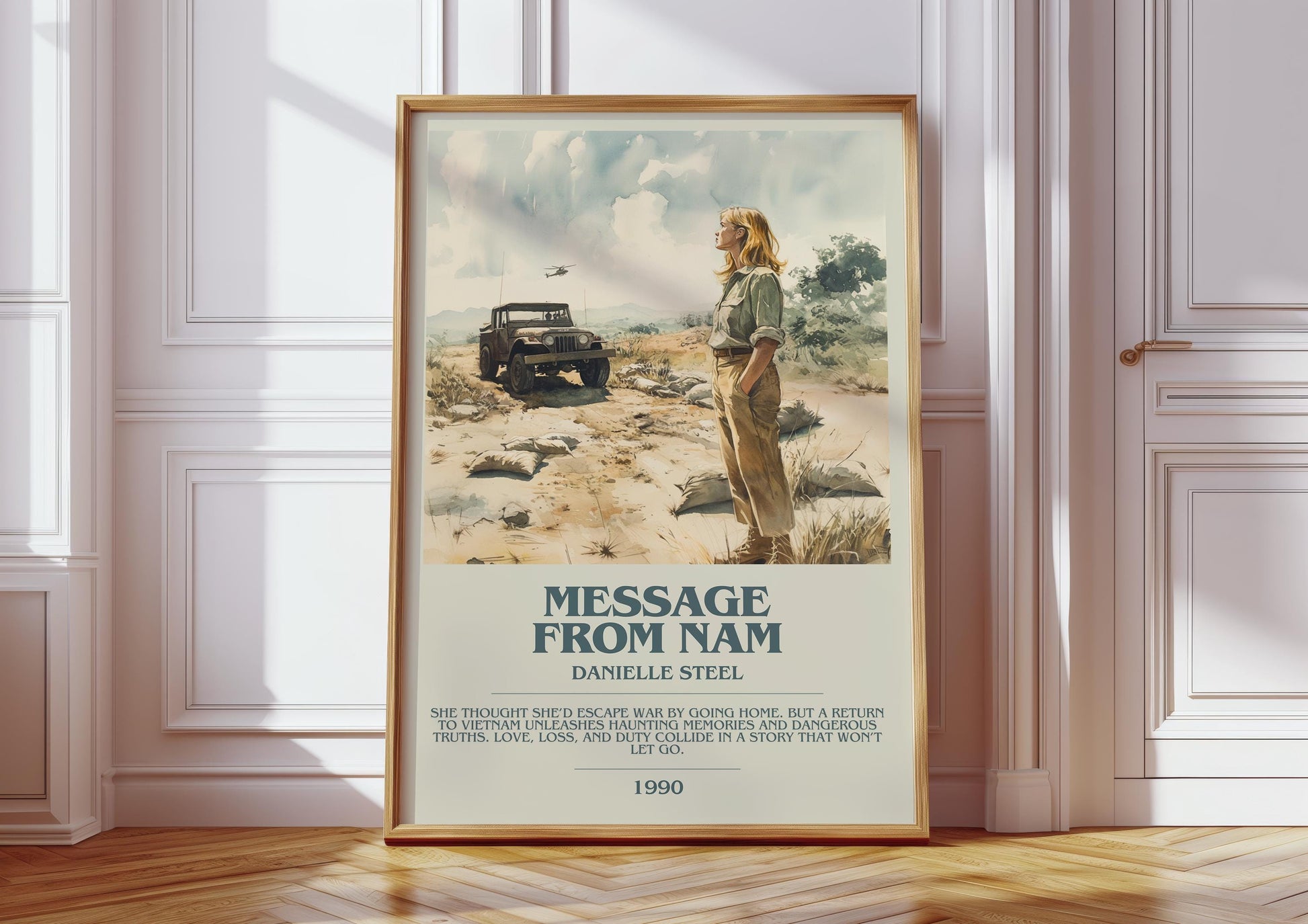 Message from Nam bookish print in frame leaning in hallway – historical fiction wall art
