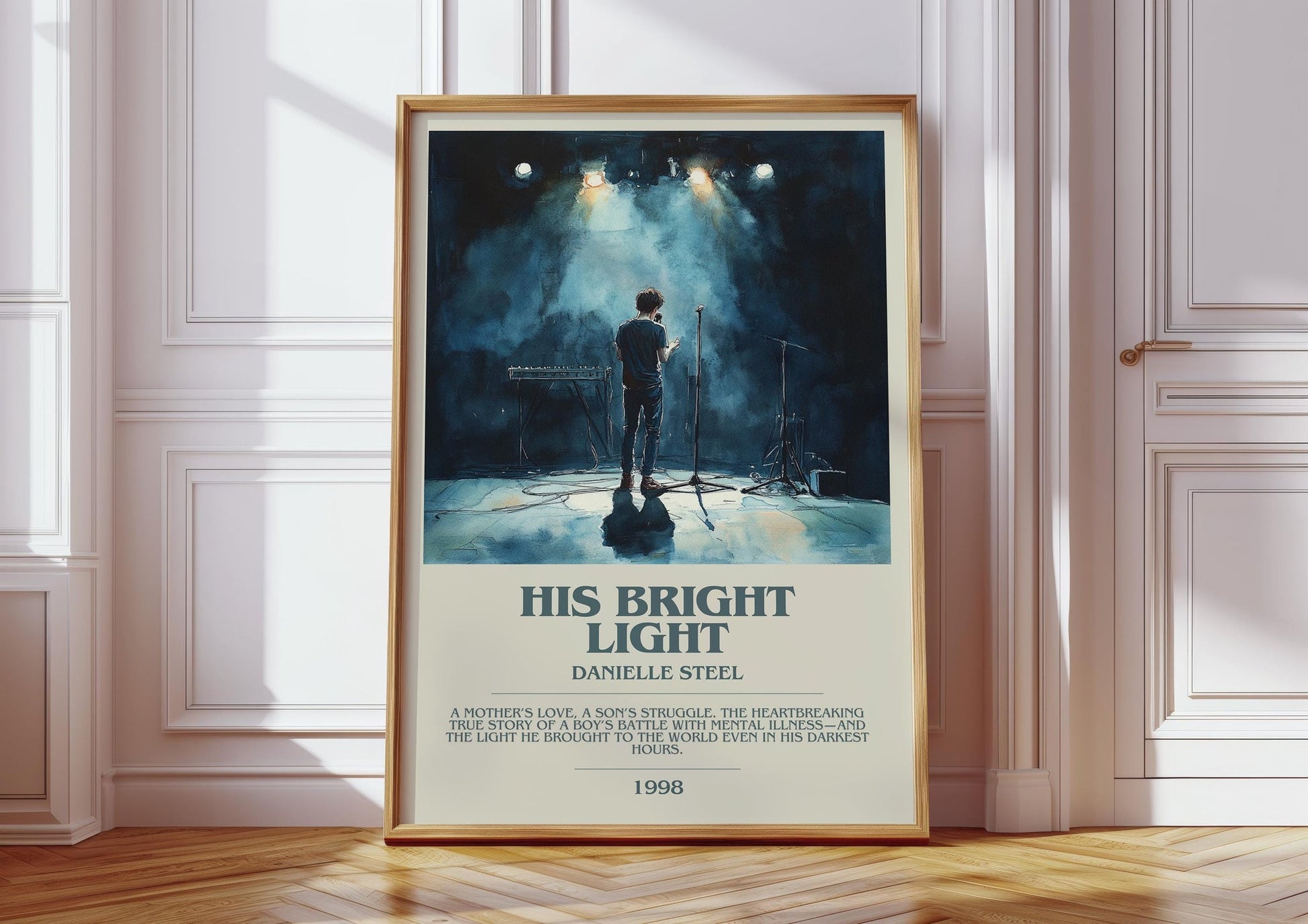 His Bright Light bookish print in frame leaning in hallway – memoir wall art