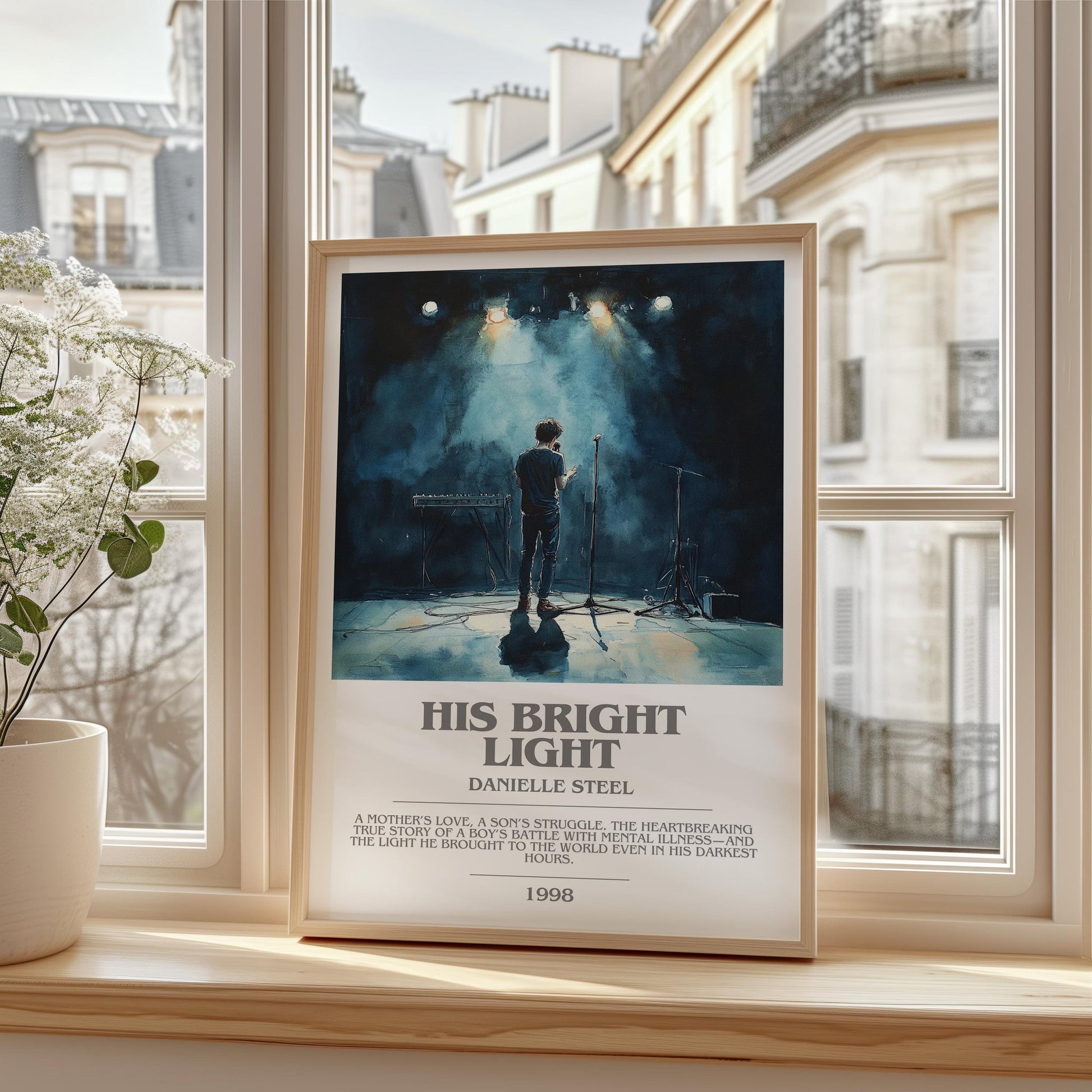 His Bright Light bookish print framed by window – literary home decor