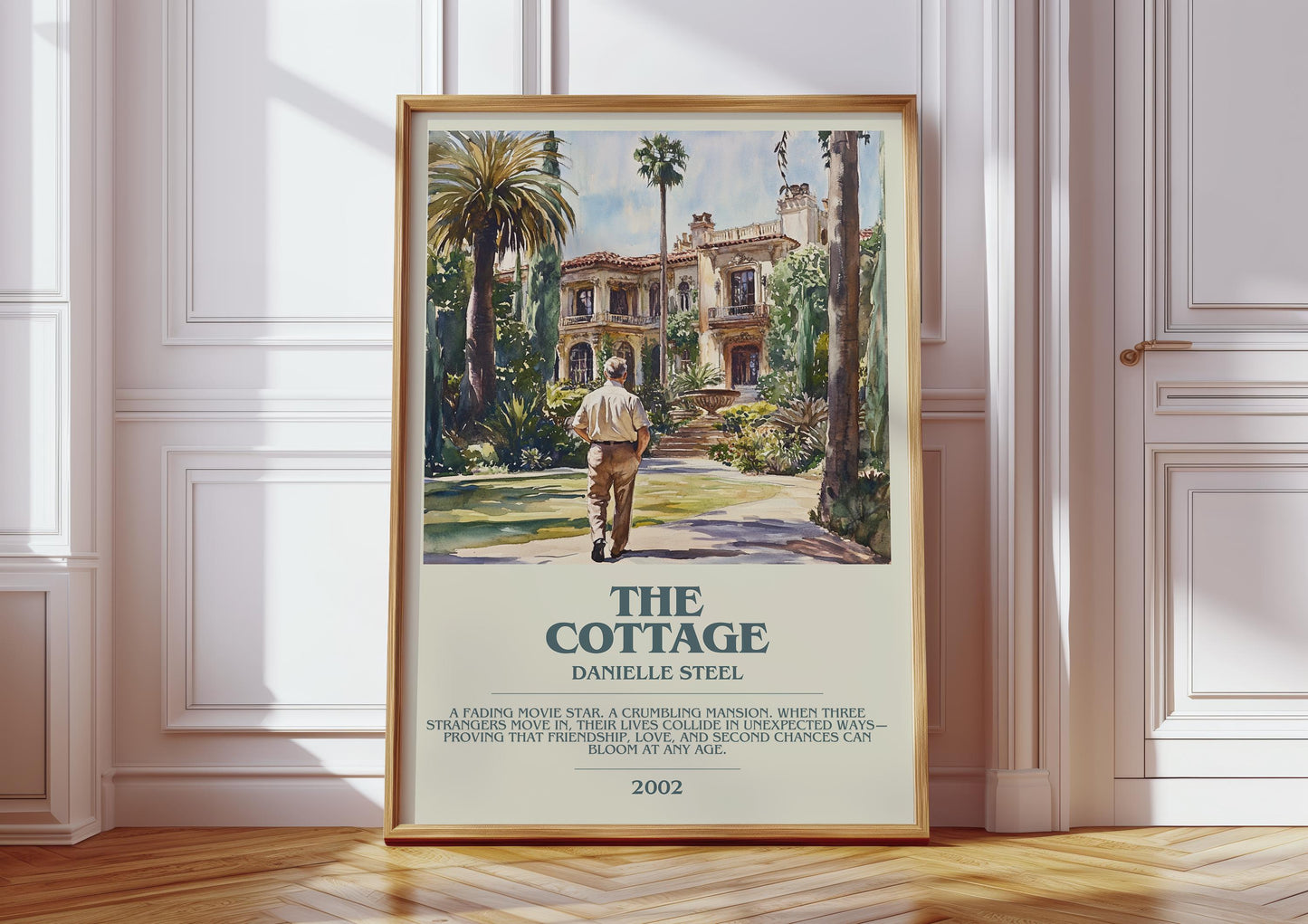 The Cottage bookish print in frame leaning in hallway – romance wall art