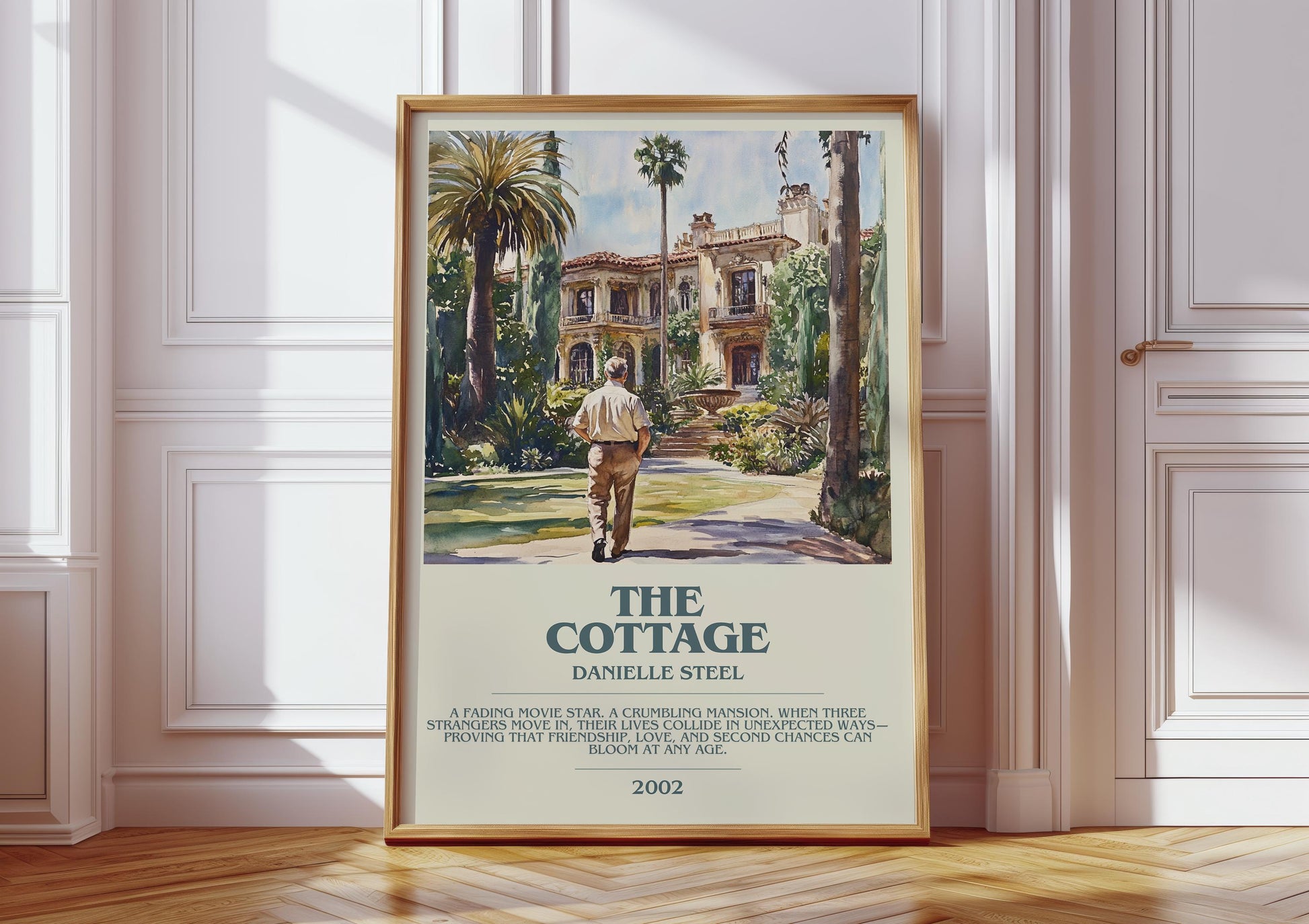The Cottage bookish print in frame leaning in hallway – romance wall art