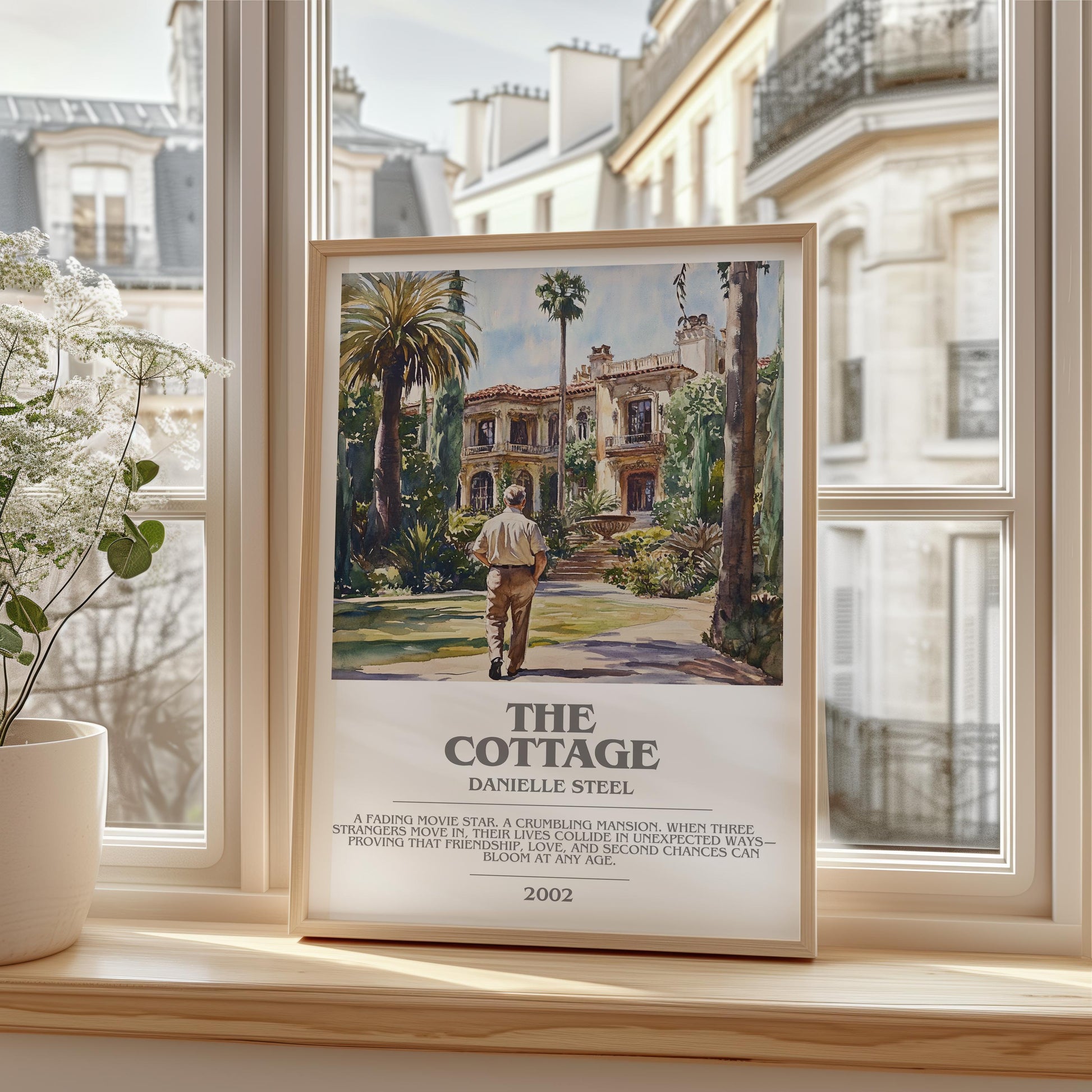 The Cottage bookish print framed by window – literary home decor
