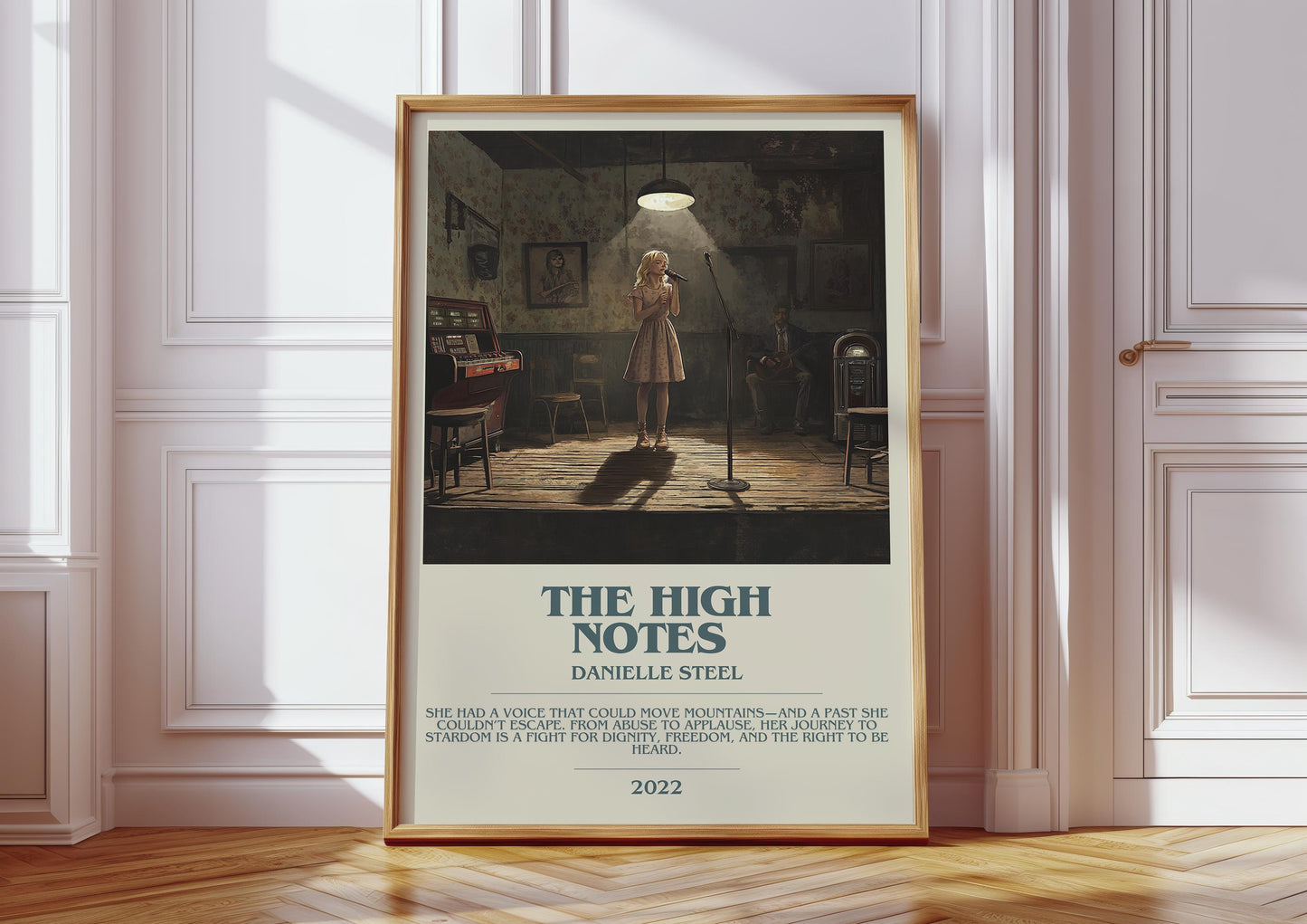 The High Notes bookish print in frame leaning in hallway – romance wall art
