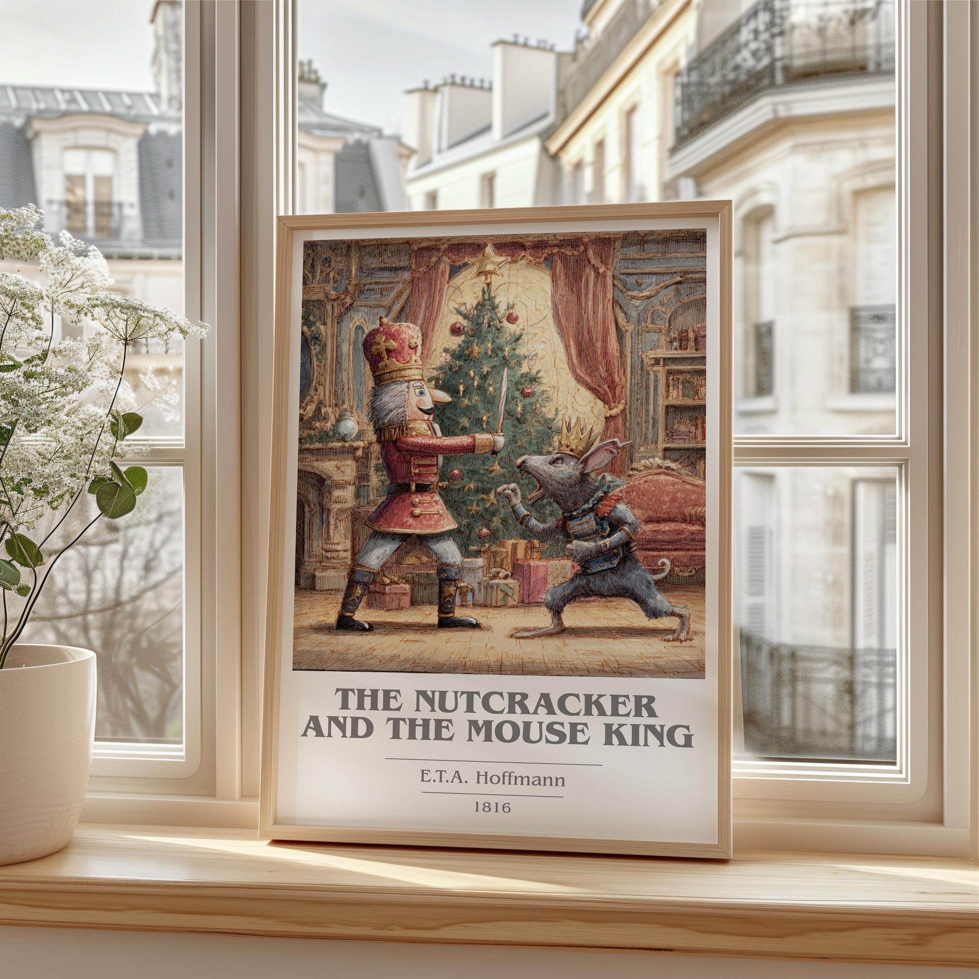 Nutcracker and the Mouse King book cover print framed by window – literary home decor