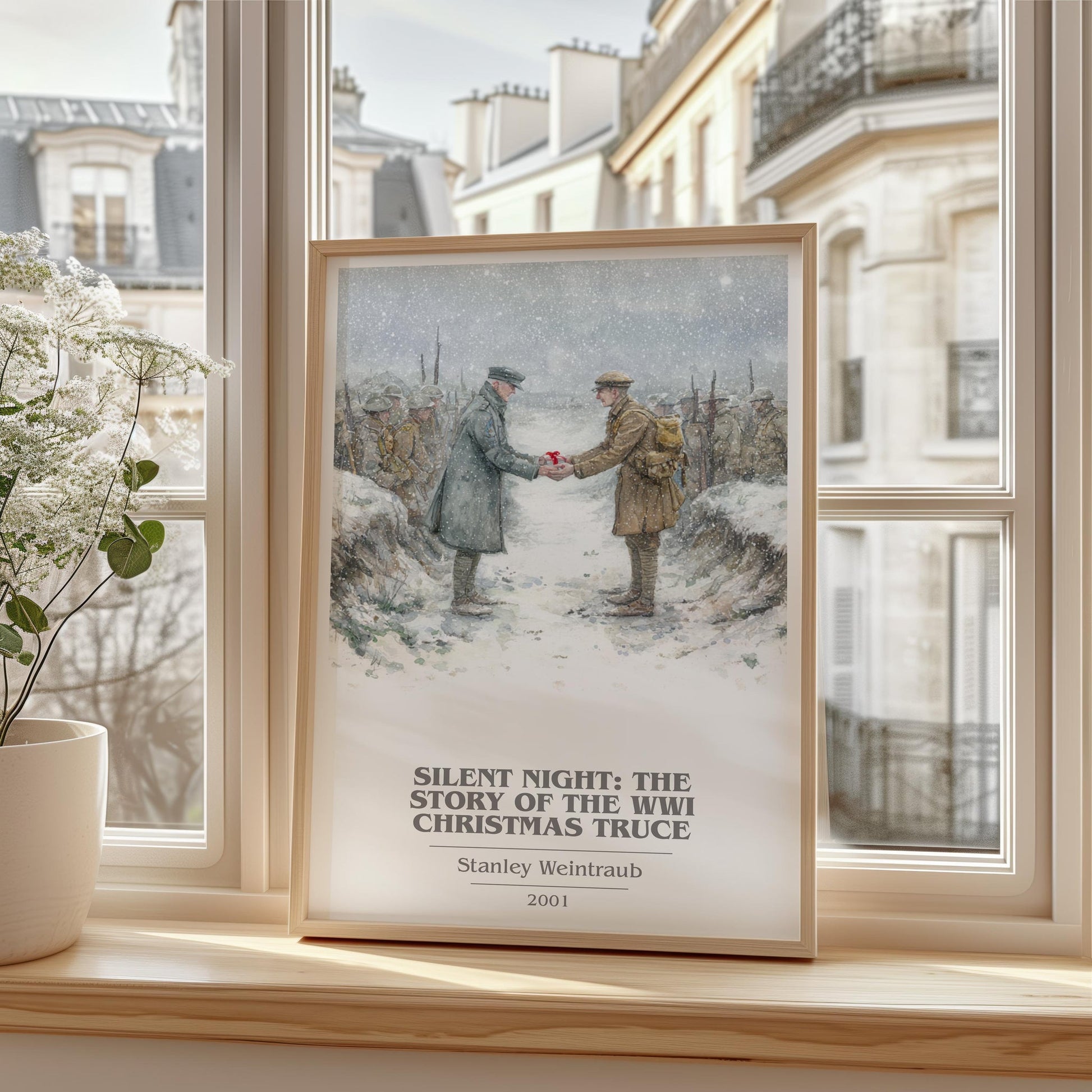 Silent Night: The Story of the World War I Christmas Truce book cover print framed by window – literary home decor