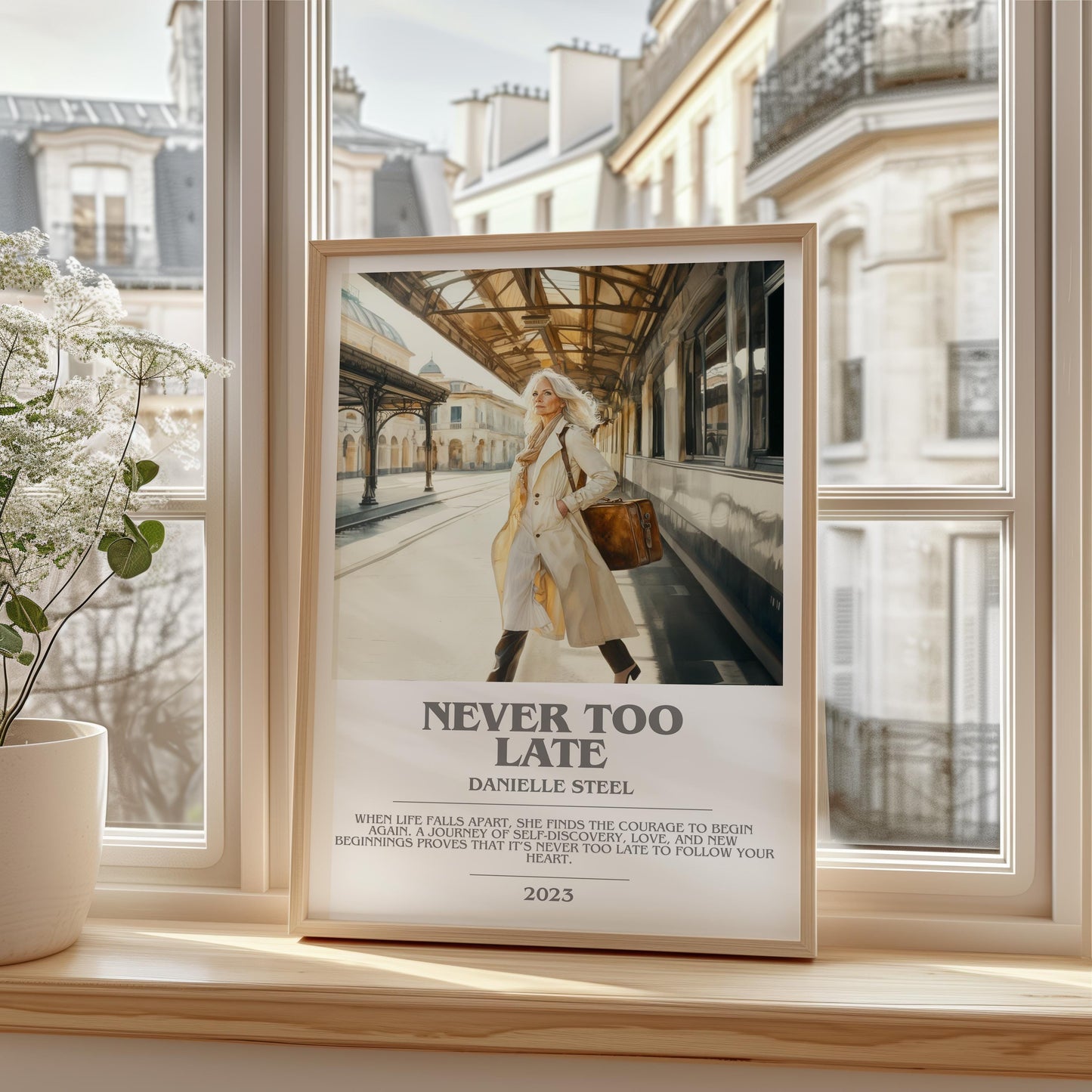 Never Too Late bookish print framed by window – literary home decor