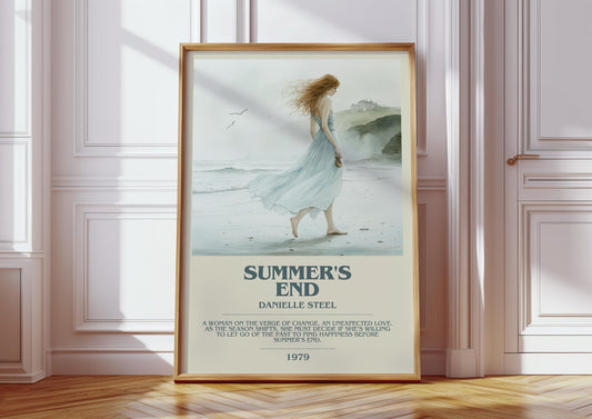 Framed art print titled Summer's End by Danielle Steel with a barefoot woman in a flowing dress on a misty beach