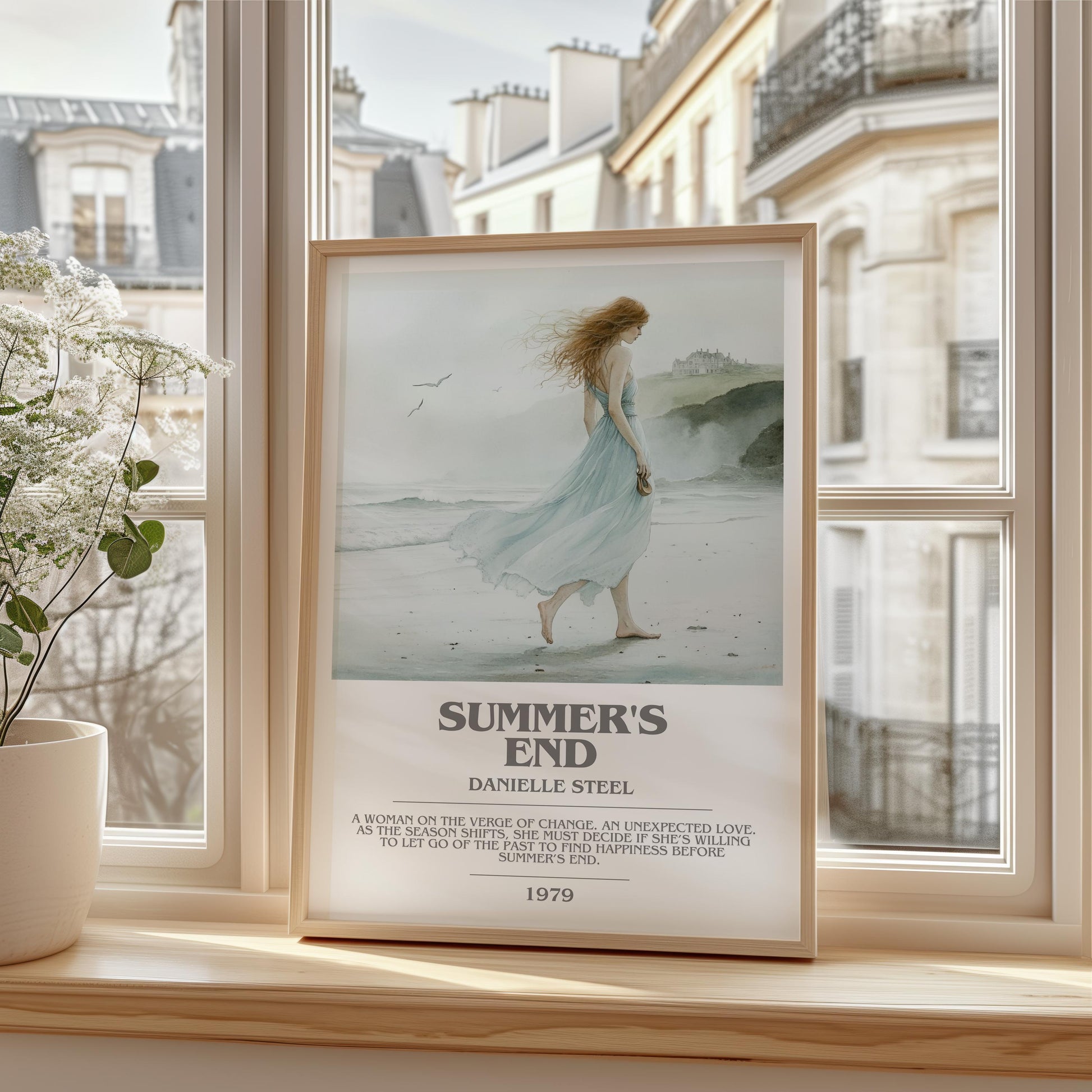 Summer's End bookish print framed by window – literary home decor