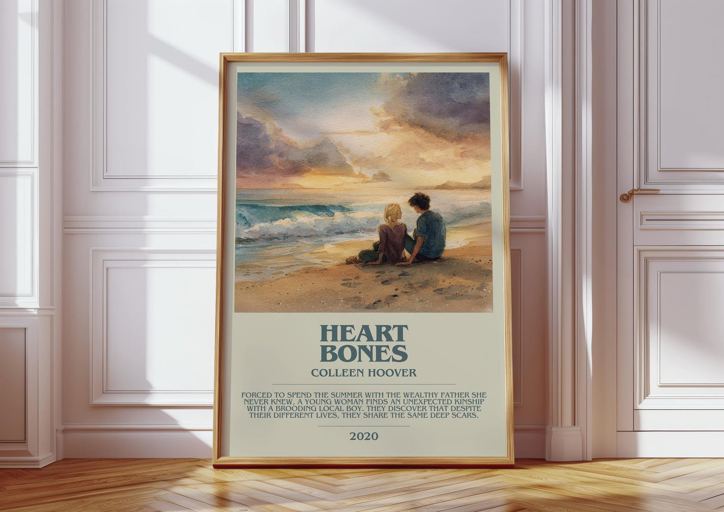 Heart Bones bookish print in frame leaning in hallway – romance wall art
