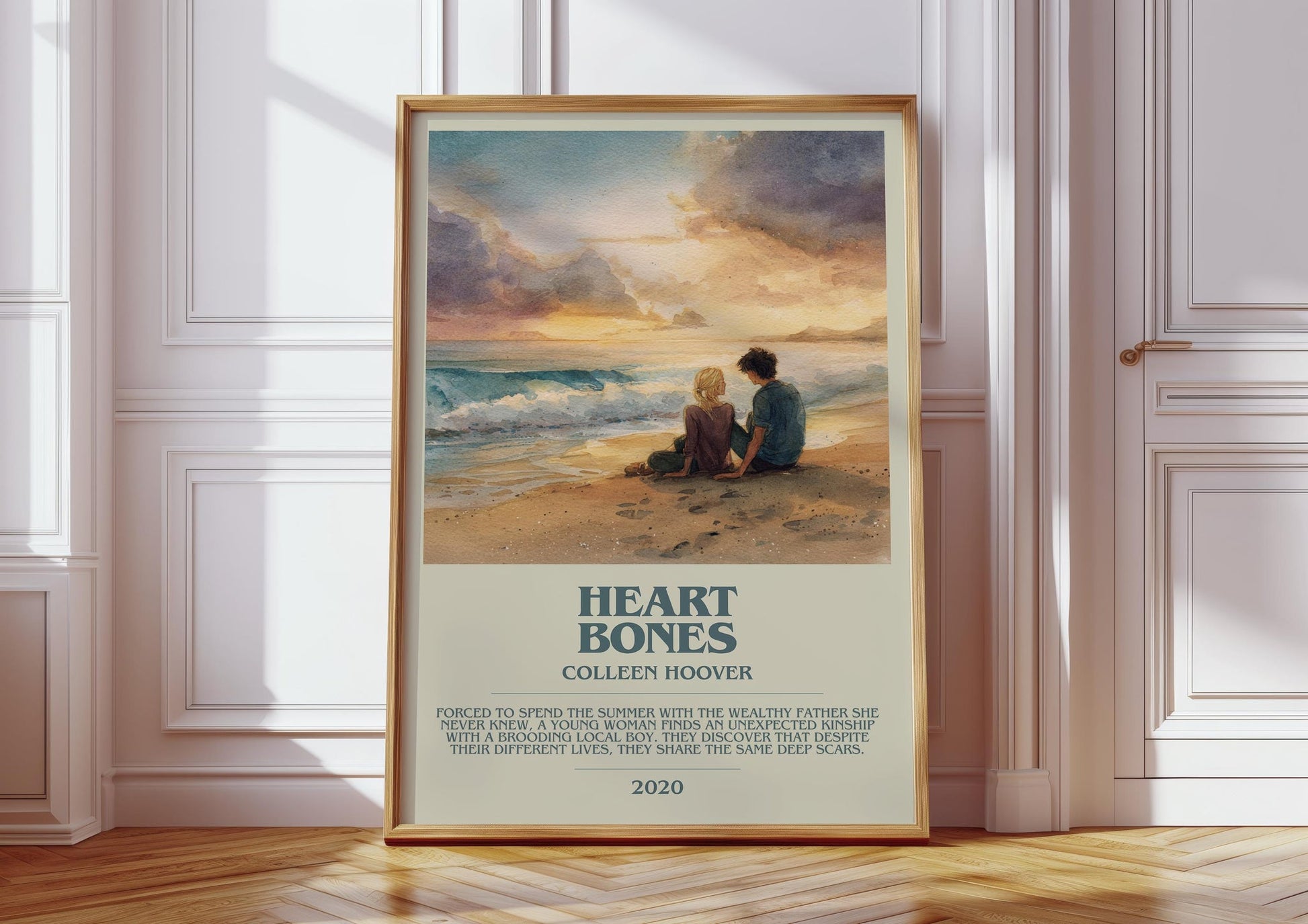 Heart Bones bookish print in frame leaning in hallway – romance wall art