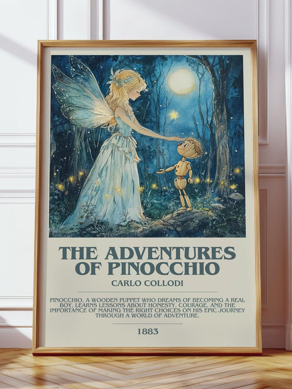 Adventures of Pinocchio bookish print in frame leaning in hallway – childrens wall art