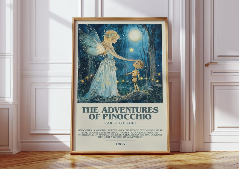 Adventures of Pinocchio bookish print in frame leaning in hallway – childrens wall art